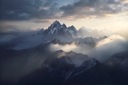 A mountain range with clouds and sun shining through