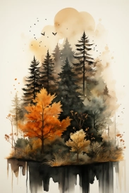 A watercolor painting of trees and birds flying