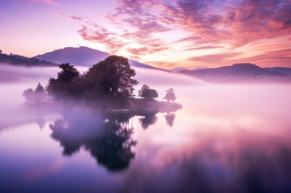 A foggy lake with trees and mountains in the background