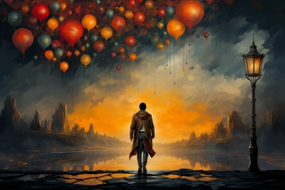 a man standing in front of a lake with balloons floating above
