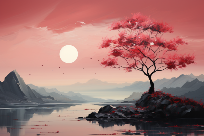 A tree on a rocky island with water and mountains in the background