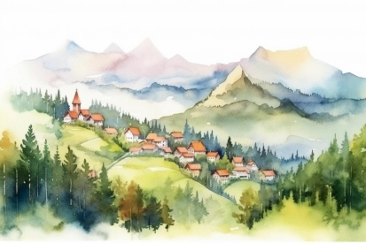 A watercolor painting of a village on a hill