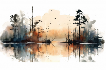 Watercolor of a lake with trees and a bird flying over it