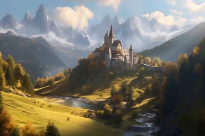 A castle on a hill with mountains in the background
