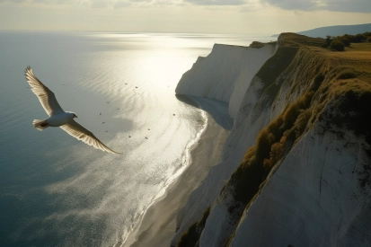 A bird flying over a cliff