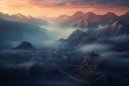 A landscape of mountains with fog