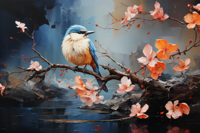 A bird on a branch with flowers