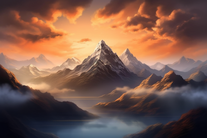 A mountain range with clouds and a lake