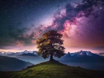 A tree on a hill with mountains in the background