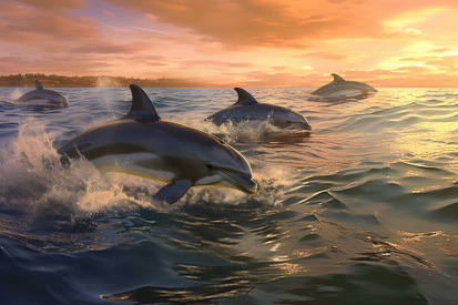 A group of dolphins jumping out of the water