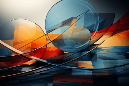 A group of glass circles and orange and blue objects