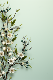 A branch with white flowers and green leaves