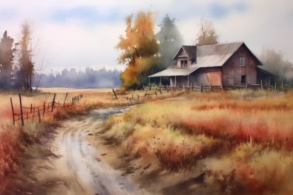 A watercolor painting of a house in a field