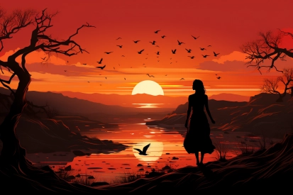 a woman standing on a hill looking at a sunset