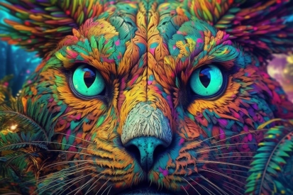 A colorful cat with blue eyes