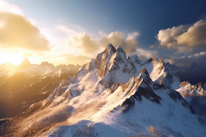A snowy mountain range with sun setting behind it