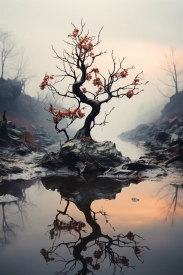 A tree growing on a rock in a river
