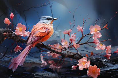 A bird sitting on a branch with pink flowers