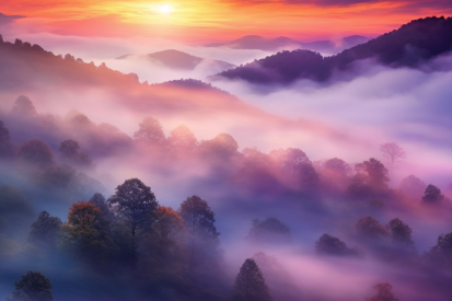 A landscape of trees and fog