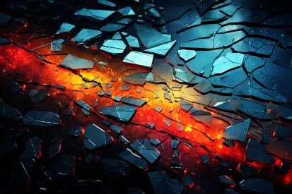 A broken glass with a red and blue background