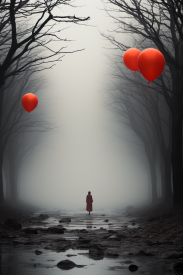 A person walking on a path with balloons
