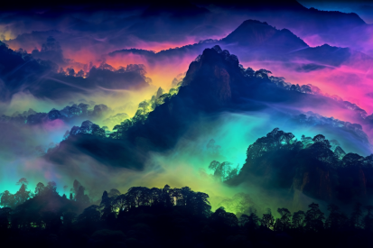 A colorful foggy mountain tops
