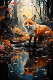 a fox standing on a rock near a stream