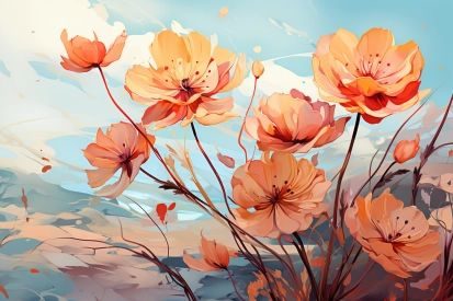 A painting of flowers on a blue sky