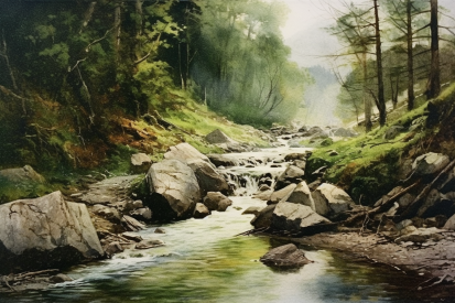A watercolor of a river with rocks and trees