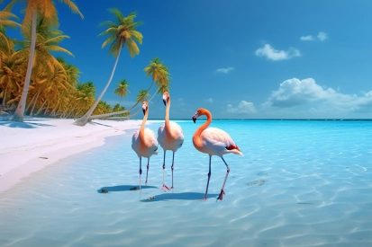 A group of flamingos on a beach