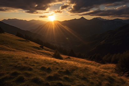 A sun shining through clouds over a mountain range