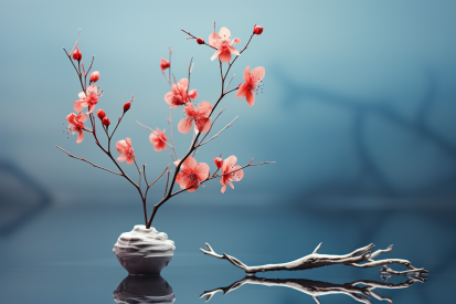 A branch with pink flowers in a vase