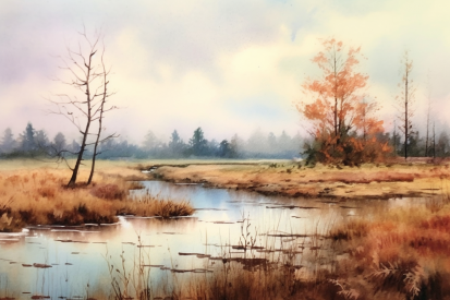 A watercolor painting of a marsh with trees and grass