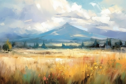 A painting of a field with a mountain in the background