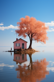 A small house on a small island in the middle of water with a tree