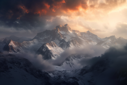 A snowy mountain range with clouds