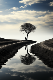 A tree and water in a ditch
