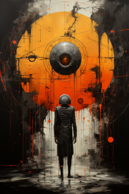 A painting of a person standing in front of a round orange and black wall