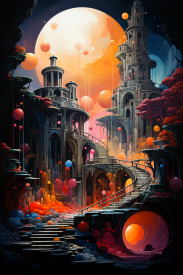 A painting of a castle with colorful balls