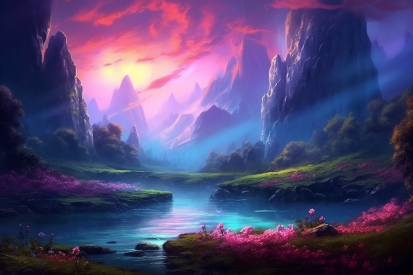 A river running through a valley with mountains and pink clouds