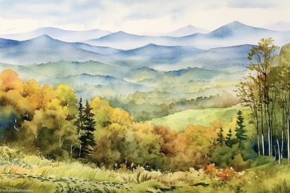 Watercolor of a landscape with hills and trees