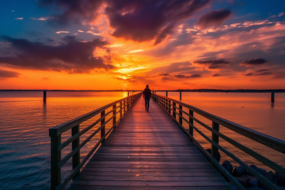 A person walking on a dock at sunset