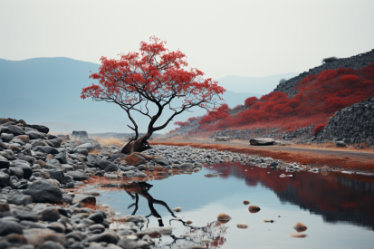 A tree with red leaves on the ground next to a body of water