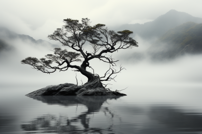 A tree growing on a rock in water