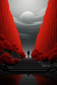 A person walking up stairs in red mountains