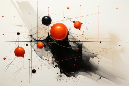 a painting of orange and black balls