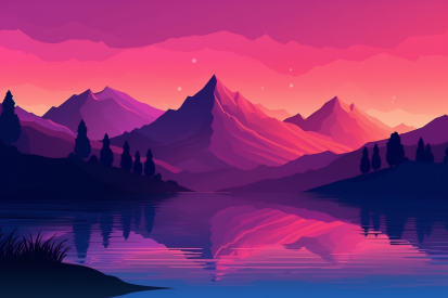 A purple and pink sunset over a lake with mountains