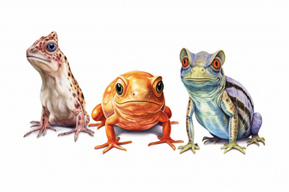 A group of frogs with orange eyes