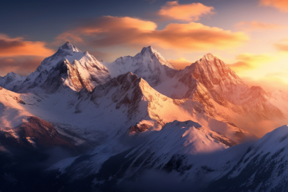 A snowy mountain tops with the sun setting behind them