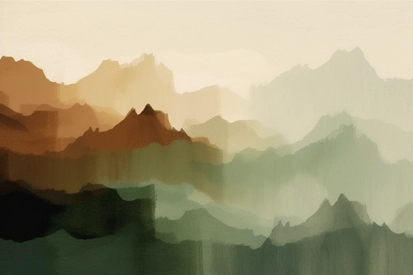 A painting of mountains and fog